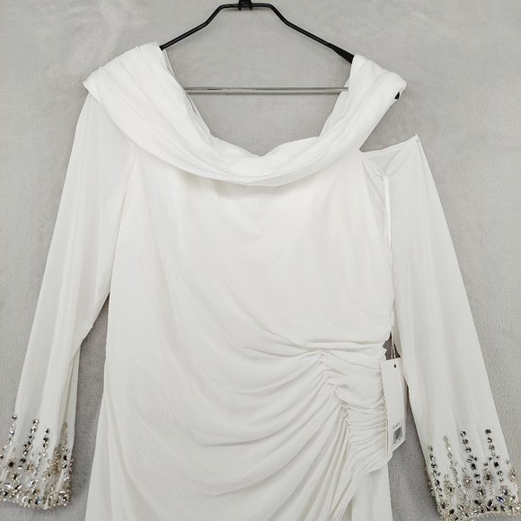 New Mac Duggal 12231 White Beaded Cuff Drop Shoulder Faux Wrap Gown Dress Z79 - Picture 4 of 11